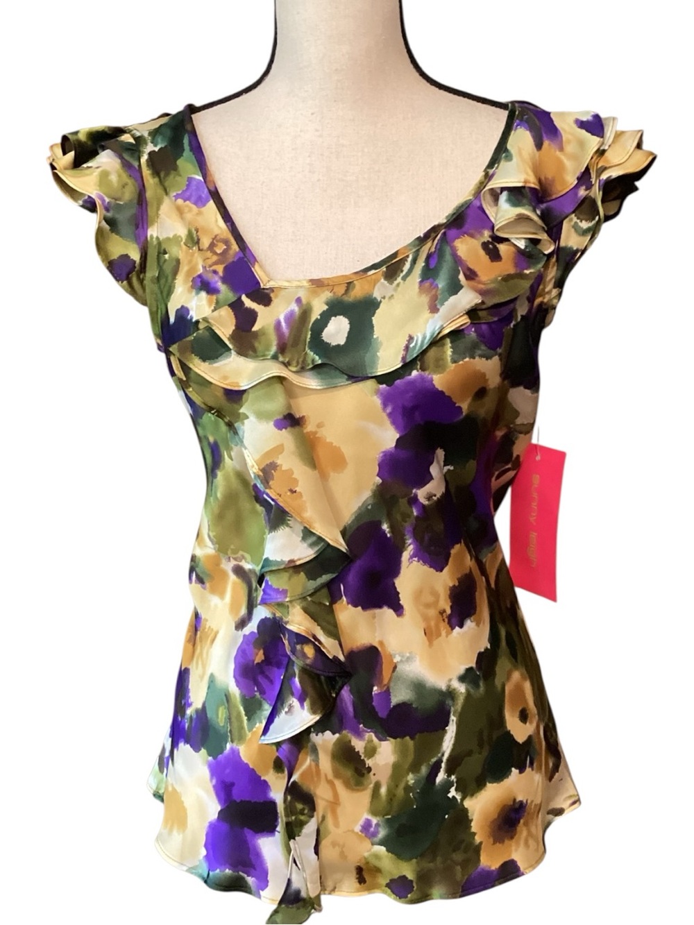 Sunny Leigh Floral Ruffle Blouse Watercolor Print Flutter Sleeve Top Small NEW